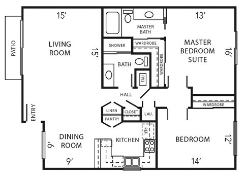 Floor plan for 2 beds, 2 baths, 1151 sqft